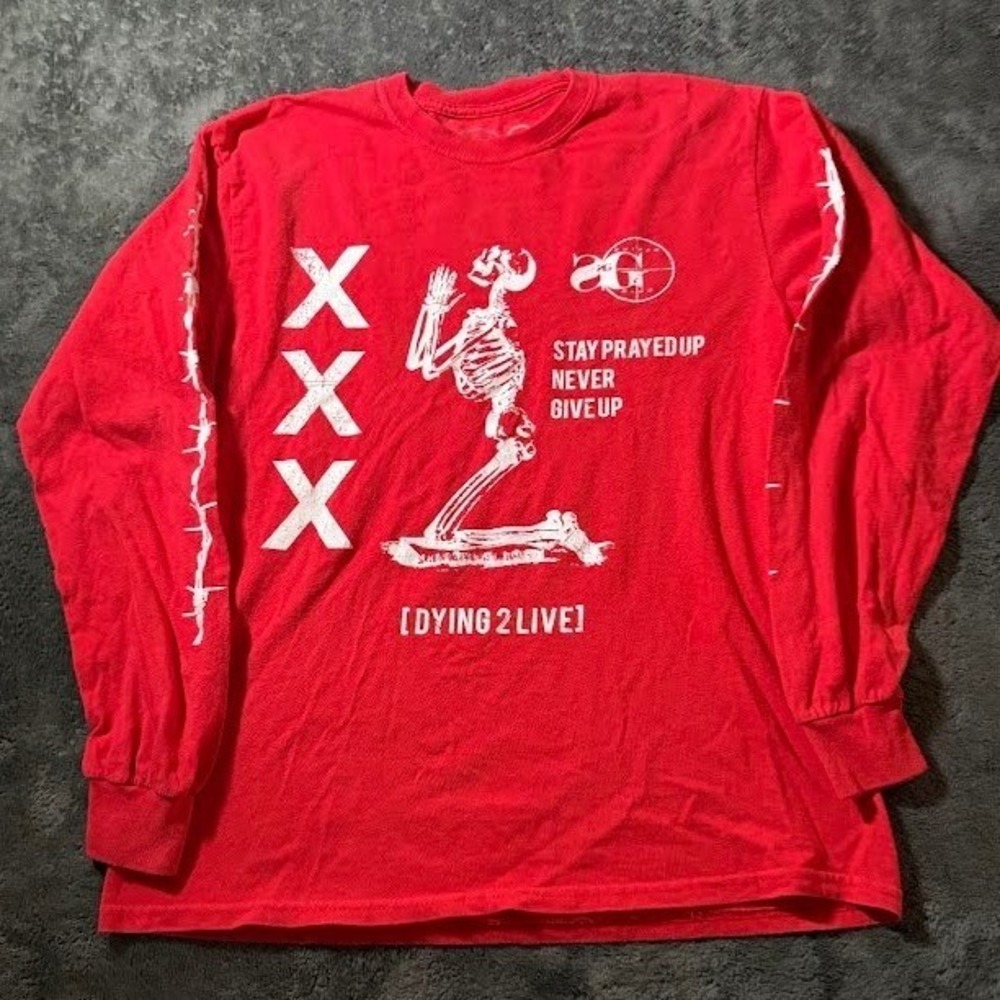Sniper Gang Mens Red Long Sleeve Graphic Tee Praying Skeleton Dying 2 Live M
